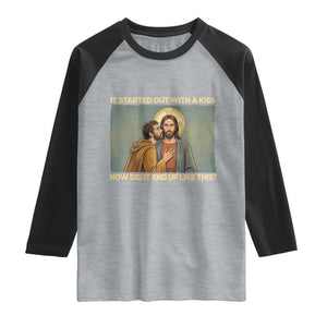 It Started Out With A Kiss Christian Easter Raglan Shirt Judas Betrayal Biblical Scene Faith Reflection Gift TS02 Heather Gray Black Print Your Wear