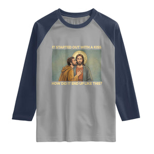 It Started Out With A Kiss Christian Easter Raglan Shirt Judas Betrayal Biblical Scene Faith Reflection Gift TS02 Sport Gray Navy Print Your Wear