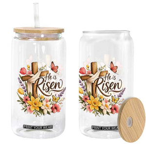 He Is Risen Floral Cross Christian Easter Glass Can Spring Flowers Butterfly Faith Inspirational Gift TS02 Print Your Wear
