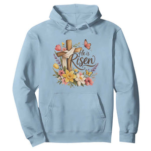 He Is Risen Floral Cross Christian Easter Hoodie Spring Flowers Butterfly Faith Inspirational Gift TS02 Light Blue Print Your Wear