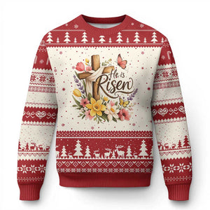 He Is Risen Floral Cross Christian Easter Ugly Christmas Sweater Spring Flowers Butterfly Faith Inspirational Gift TS02 Beige Red Print Your Wear