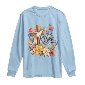 He Is Risen Floral Cross Christian Easter Long Sleeve Shirt Spring Flowers Butterfly Faith Inspirational Gift TS02 Light Blue Print Your Wear