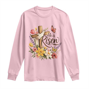 He Is Risen Floral Cross Christian Easter Long Sleeve Shirt Spring Flowers Butterfly Faith Inspirational Gift TS02 Light Pink Print Your Wear