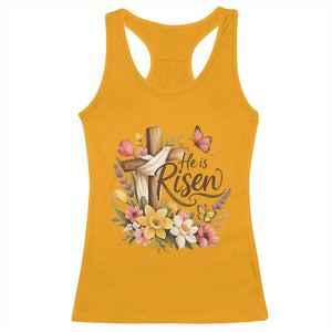He Is Risen Floral Cross Christian Easter Racerback Tank Top Spring Flowers Butterfly Faith Inspirational Gift TS02 Gold Print Your Wear