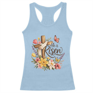 He Is Risen Floral Cross Christian Easter Racerback Tank Top Spring Flowers Butterfly Faith Inspirational Gift TS02 Light Blue Print Your Wear