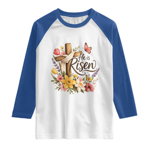 He Is Risen Floral Cross Christian Easter Raglan Shirt Spring Flowers Butterfly Faith Inspirational Gift TS02 White Royal Print Your Wear