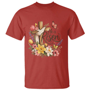 He Is Risen Floral Cross Christian Easter T Shirt Spring Flowers Butterfly Faith Inspirational Gift TS02 Red Print Your Wear