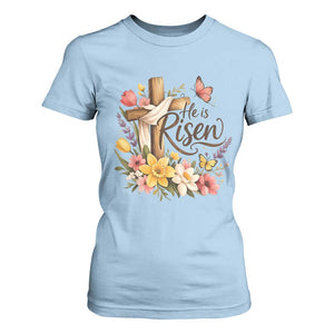 He Is Risen Floral Cross Christian Easter T Shirt For Women Spring Flowers Butterfly Faith Inspirational Gift TS02 Light Blue Print Your Wear