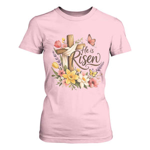 He Is Risen Floral Cross Christian Easter T Shirt For Women Spring Flowers Butterfly Faith Inspirational Gift TS02 Light Pink Print Your Wear