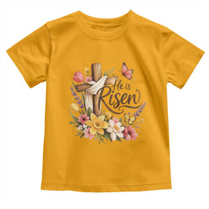 He Is Risen Floral Cross Christian Easter Toddler T Shirt Spring Flowers Butterfly Faith Inspirational Gift TS02 Gold Print Your Wear