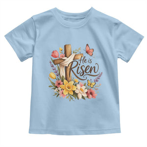 He Is Risen Floral Cross Christian Easter Toddler T Shirt Spring Flowers Butterfly Faith Inspirational Gift TS02 Light Blue Print Your Wear