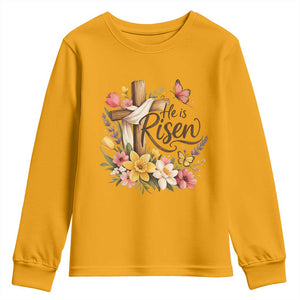 He Is Risen Floral Cross Christian Easter Youth Sweatshirt Spring Flowers Butterfly Faith Inspirational Gift TS02 Gold Print Your Wear