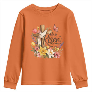 He Is Risen Floral Cross Christian Easter Youth Sweatshirt Spring Flowers Butterfly Faith Inspirational Gift TS02 Orange Print Your Wear