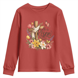 He Is Risen Floral Cross Christian Easter Youth Sweatshirt Spring Flowers Butterfly Faith Inspirational Gift TS02 Red Print Your Wear