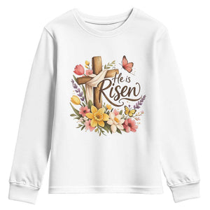 He Is Risen Floral Cross Christian Easter Youth Sweatshirt Spring Flowers Butterfly Faith Inspirational Gift TS02 White Print Your Wear