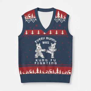 Funny Easter Rabbit Martial Arts V-Neck Knit Sweater Vest Every Bunny Was Kung Fu Fighting Cute Bunny Humor Gift TS02 Navy Red Print Your Wear