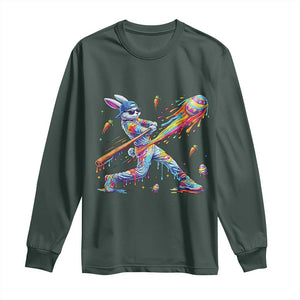 Cool Easter Bunny Baseball Player Neon Paint Splash Graphic Long Sleeve Shirt Funny Rabbit Sports with Egg Bat Hit Gift TS02 Dark Forest Green Print Your Wear