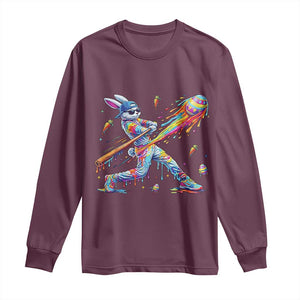 Cool Easter Bunny Baseball Player Neon Paint Splash Graphic Long Sleeve Shirt Funny Rabbit Sports with Egg Bat Hit Gift TS02 Maroon Print Your Wear