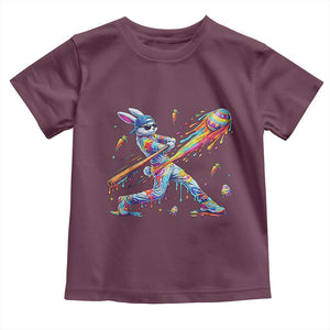 Cool Easter Bunny Baseball Player Neon Paint Splash Graphic Toddler T Shirt Funny Rabbit Sports with Egg Bat Hit Gift TS02 Maroon Print Your Wear