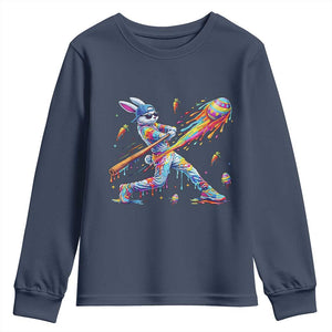 Cool Easter Bunny Baseball Player Neon Paint Splash Graphic Youth Sweatshirt Funny Rabbit Sports with Egg Bat Hit Gift TS02 Navy Print Your Wear