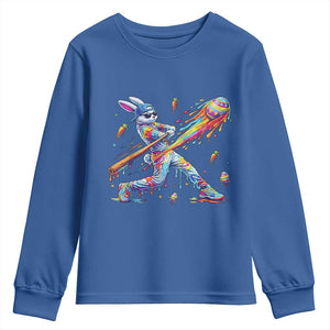 Cool Easter Bunny Baseball Player Neon Paint Splash Graphic Youth Sweatshirt Funny Rabbit Sports with Egg Bat Hit Gift TS02 Royal Blue Print Your Wear