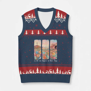 A Lot Can Happen In Three Days Christian Easter V-Neck Knit Sweater Vest Empty Tomb Cross Landscape Faith Inspirational Gift TS02 Navy Red Print Your Wear