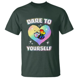LGBT Cute Bee T Shirt Dare To Be Yourself LGBTQIA Gay Pride Flag TS02 Dark Forest Green Printyourwear