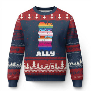 Colorful LGBTQ+ Ally Frogs Stack Ugly Christmas Sweater Kawaii Gay Pride Support TS02 Navy Red Print Your Wear