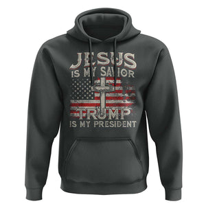 Christian Trump 2024 Hoodie Jesus Is My Savor Trump Is My President American Flag Cross TS02 Dark Heather Print Your Wear