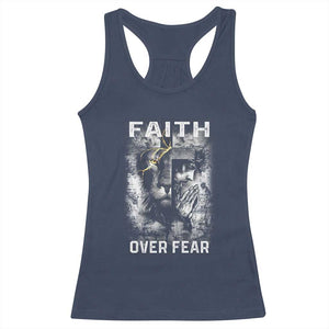 Christian Racerback Tank Top Faith Over Fear Jesus Lion TS09 Navy Print Your Wear