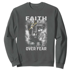 Christian Sweatshirt Faith Over Fear Jesus Lion TS09 Dark Heather Print Your Wear