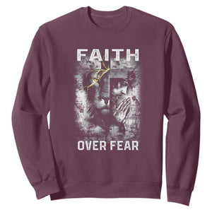 Christian Sweatshirt Faith Over Fear Jesus Lion TS09 Maroon Print Your Wear