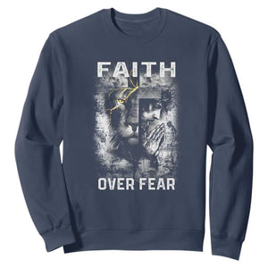 Christian Sweatshirt Faith Over Fear Jesus Lion TS09 Navy Print Your Wear