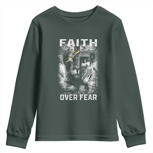 Christian Youth Sweatshirt Faith Over Fear Jesus Lion TS09 Dark Forest Green Print Your Wear
