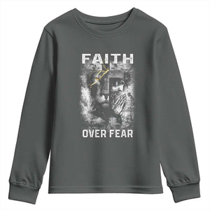 Christian Youth Sweatshirt Faith Over Fear Jesus Lion TS09 Dark Heather Print Your Wear