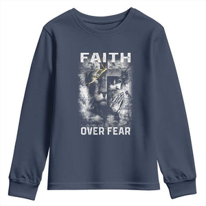 Christian Youth Sweatshirt Faith Over Fear Jesus Lion TS09 Navy Print Your Wear