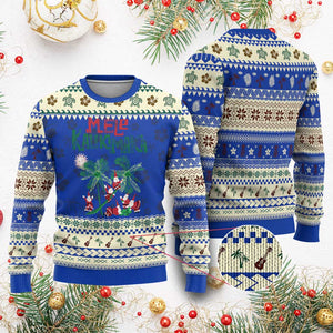 Hawaiian Xmas Ugly Christmas Sweater Mele Kalikimaka Santa Climb Palm Tree TS09 Blue Print Your Wear