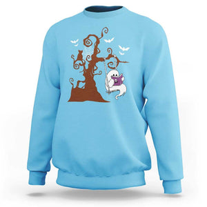 Halloween Bookaholic Sweatshirt Cute Ghost Swing Reading Book TS09 Sky Print Your Wear