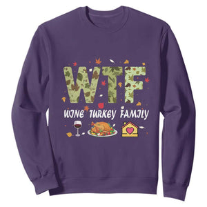 Thanksgiving Sweatshirt W T F Wine Turkey Family Funny Dinner Fall TS09 Purple Print Your Wear