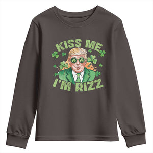 Funny Trump St. Patrick's Day Youth Sweatshirt Kiss Me I'm Rizz TS09 Dark Chocolate Print Your Wear
