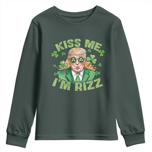 Funny Trump St. Patrick's Day Youth Sweatshirt Kiss Me I'm Rizz TS09 Dark Forest Green Print Your Wear