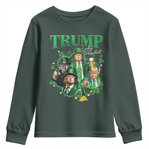 Funny Trump St. Patrick's Day Youth Sweatshirt Shamrock Lucky President Trump TS09 Dark Forest Green Print Your Wear