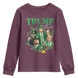 Funny Trump St. Patrick's Day Youth Sweatshirt Shamrock Lucky President Trump TS09 Maroon Print Your Wear