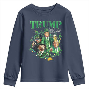 Funny Trump St. Patrick's Day Youth Sweatshirt Shamrock Lucky President Trump TS09 Navy Print Your Wear