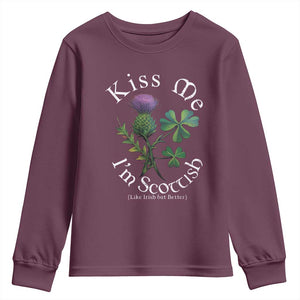 Funny St. Patrick's Day Youth Sweatshirt Kiss Me I'm Scottish TS09 Maroon Print Your Wear