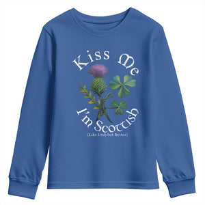 Funny St. Patrick's Day Youth Sweatshirt Kiss Me I'm Scottish TS09 Royal Blue Print Your Wear