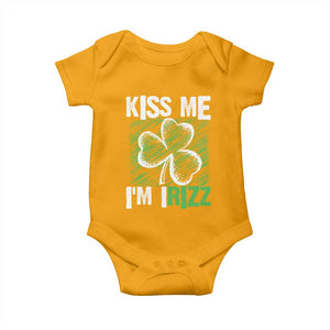 Funny St. Patrick's Day Baby Onesie Kiss Me I'm iRizz Shamrock TS09 Gold Print Your Wear