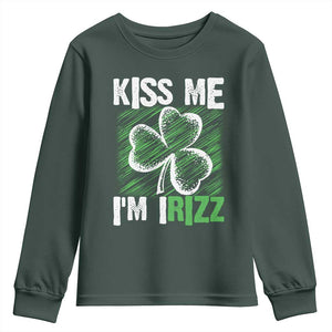 Funny St. Patrick's Day Youth Sweatshirt Kiss Me I'm iRizz Shamrock TS09 Dark Forest Green Print Your Wear