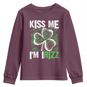 Funny St. Patrick's Day Youth Sweatshirt Kiss Me I'm iRizz Shamrock TS09 Maroon Print Your Wear