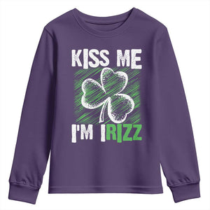 Funny St. Patrick's Day Youth Sweatshirt Kiss Me I'm iRizz Shamrock TS09 Purple Print Your Wear